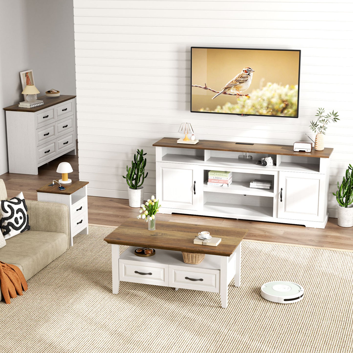 CHITOOMA Farmhouse Coffee Table with 2 Drawers and Open Shelf, Rustic Wood Accent Table for Living Room, White & Brown