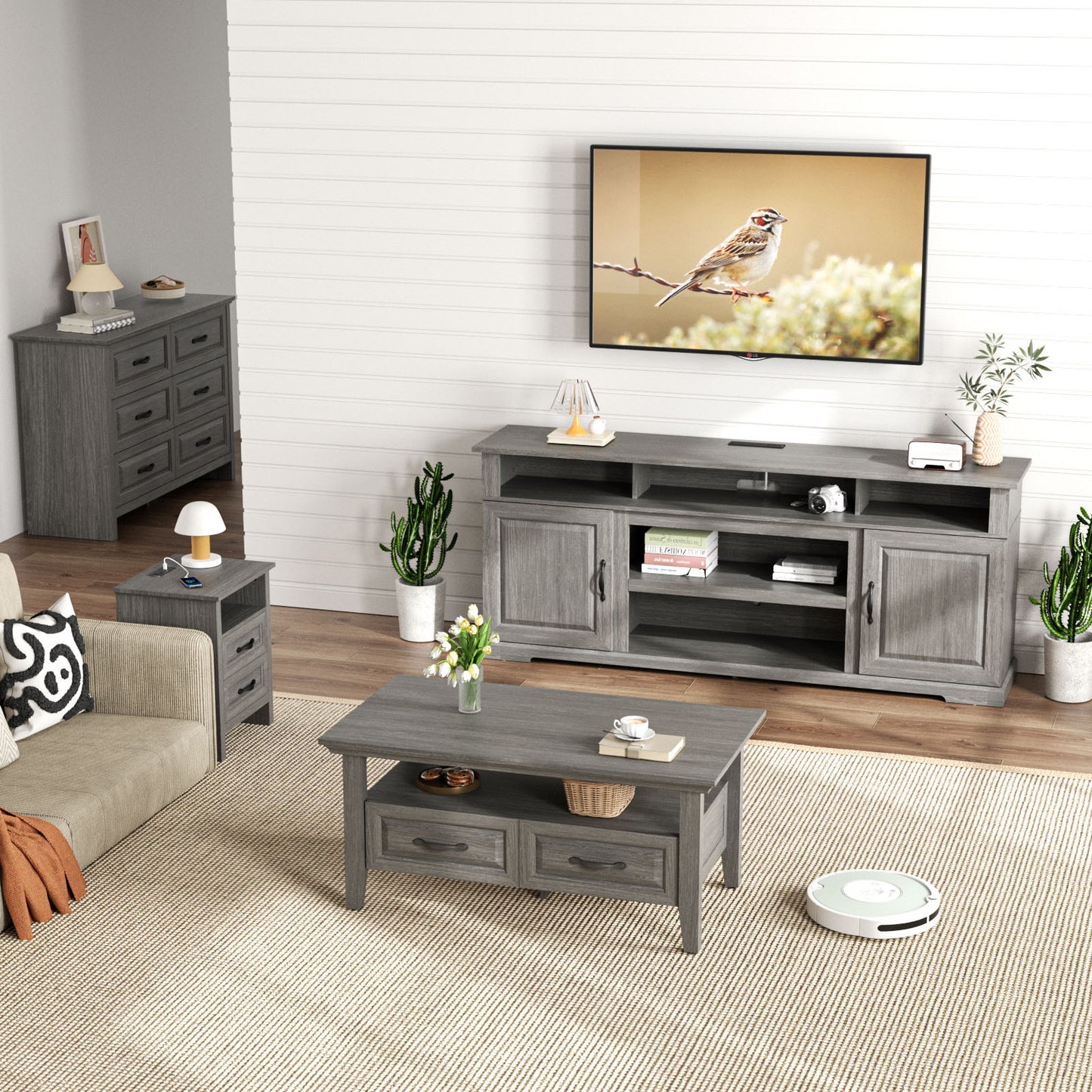 CHITOOMA Farmhouse Coffee Table with 2 Drawers and Open Shelf, Rustic Wood Accent Table for Living Room, Gray