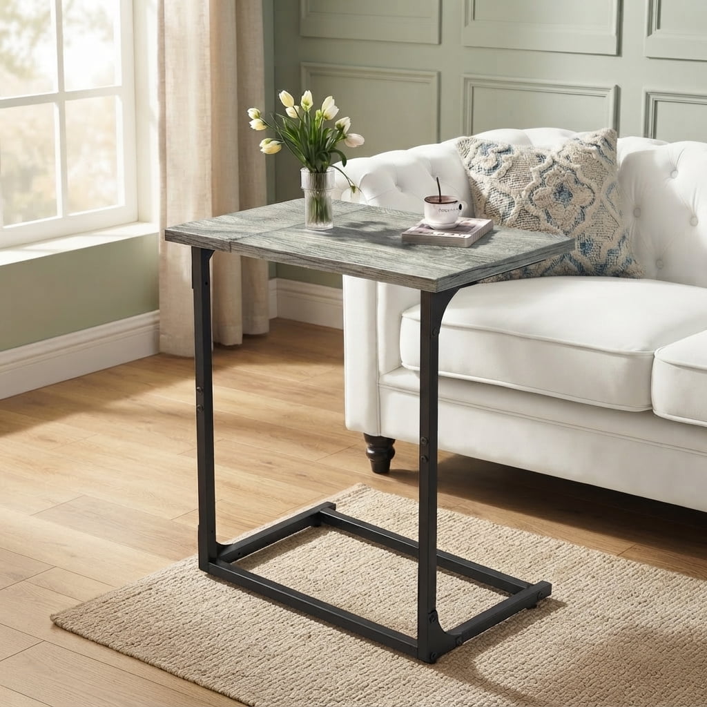 C Shaped Metal Couch End Table Tray Table, Widened Side Table Sofa Table Nightstand for Bedroom, Living Room, 27"(H) x 21.1"(W) x 11.4"(D), Grey