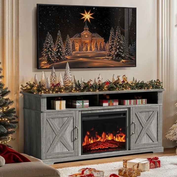 Electric Fireplace TV Stand for TVs up to 75", Farmhouse Entertainment Center with Fireplace, Grey