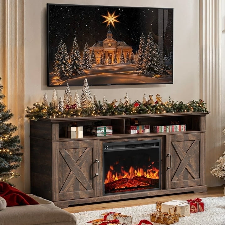 Electric Fireplace TV Stand for TVs up to 75", Farmhouse Entertainment Center with Fireplace, Vintage Brown
