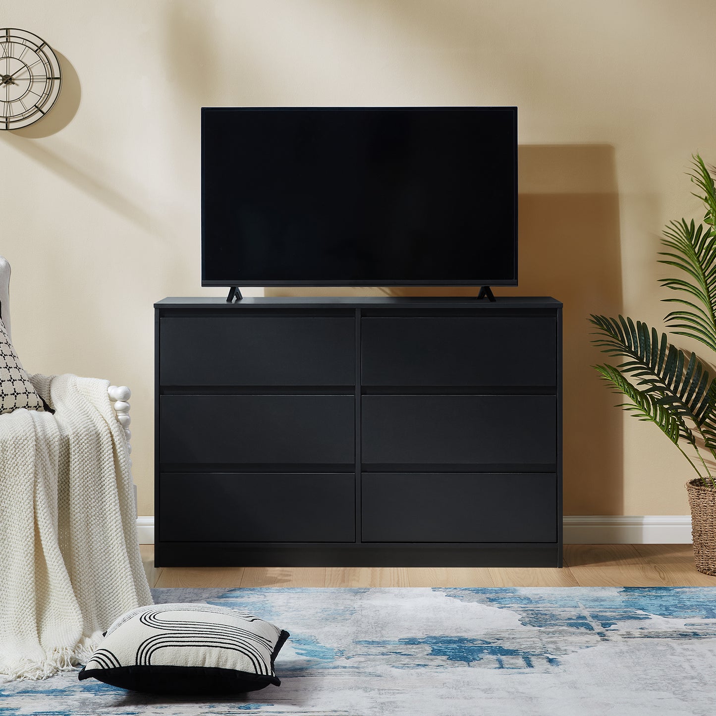 CHITOOMA 6 Drawer Double Dresser, 47.2" Adult Wood Storage Side Cabinet Chest of Drawer for Bedroom Living Room Hallway, Black