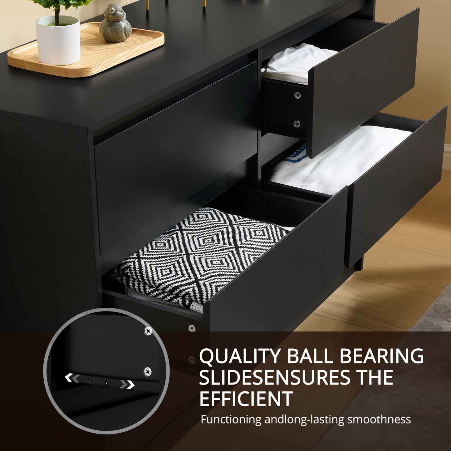 CHITOOMA 6 Drawer Double Dresser, 47.2" Adult Wood Storage Side Cabinet Chest of Drawer for Bedroom Living Room Hallway, Black