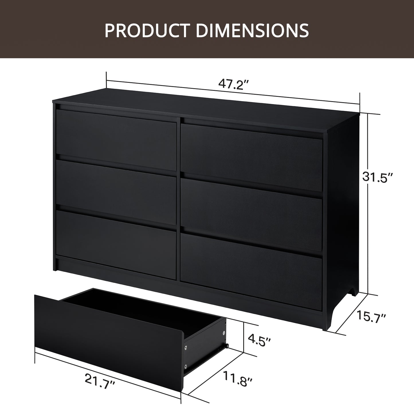 CHITOOMA 6 Drawer Double Dresser, 47.2" Adult Wood Storage Side Cabinet Chest of Drawer for Bedroom Living Room Hallway, Black