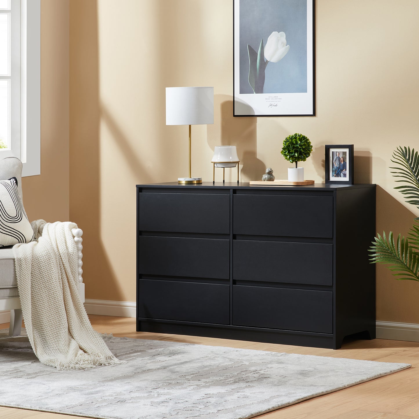 CHITOOMA 6 Drawer Double Dresser, 47.2" Adult Wood Storage Side Cabinet Chest of Drawer for Bedroom Living Room Hallway, Black