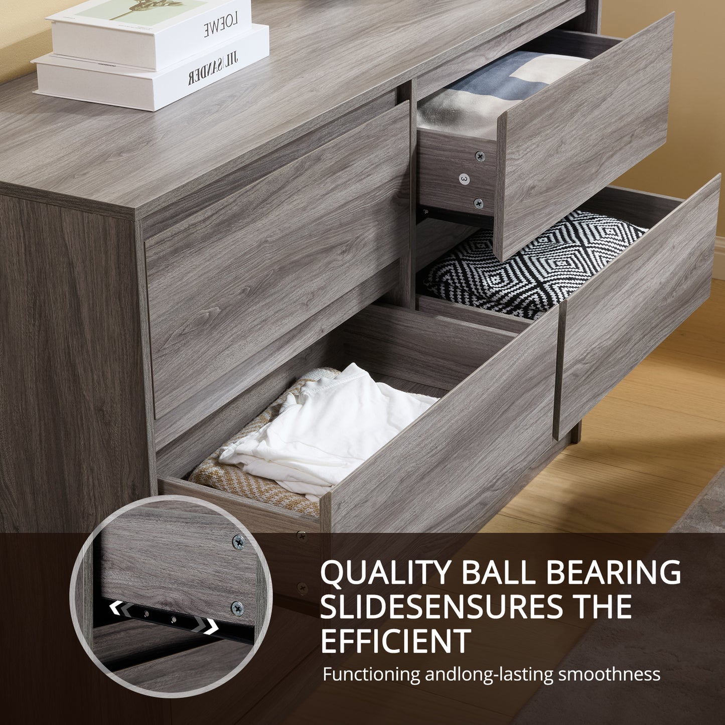 CHITOOMA 6 Drawer Double Dresser, 47.2" Adult Wood Storage Side Cabinet Chest of Drawer for Bedroom Living Room Hallway, Gray