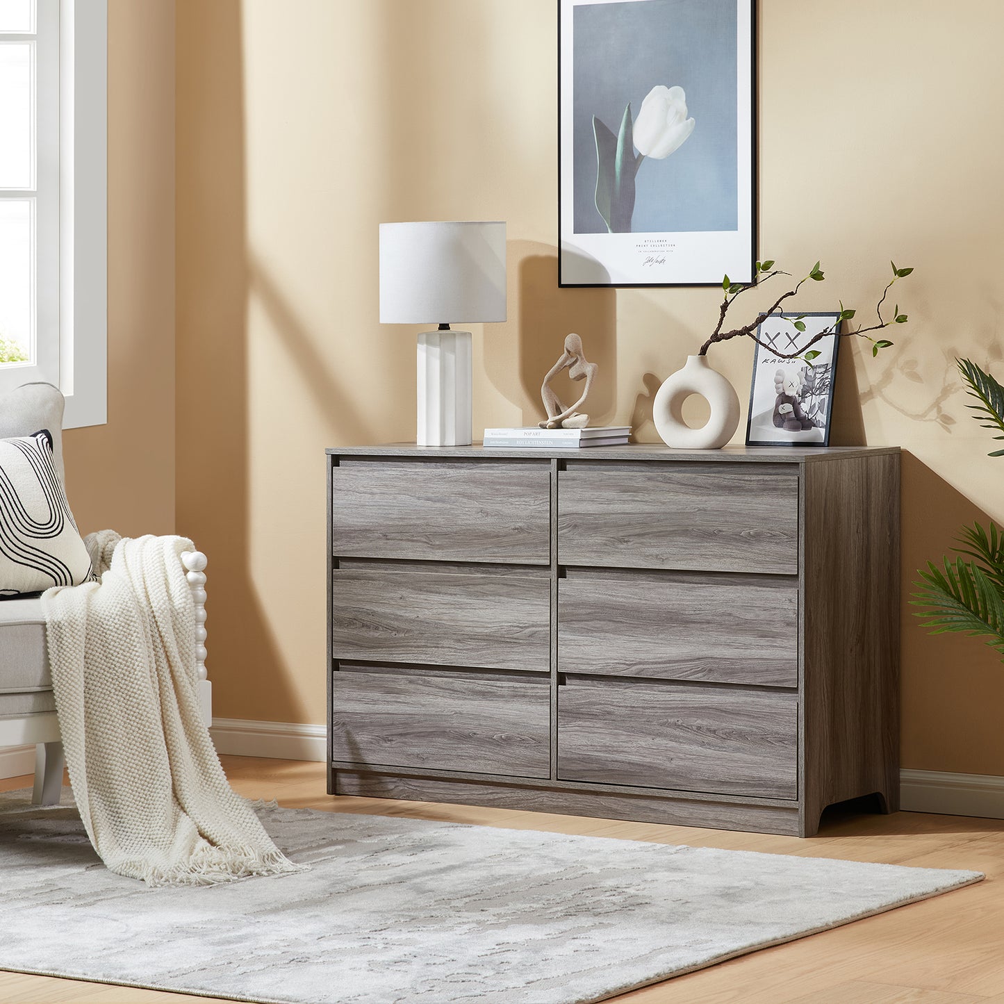 CHITOOMA 6 Drawer Double Dresser, 47.2" Adult Wood Storage Side Cabinet Chest of Drawer for Bedroom Living Room Hallway, Gray