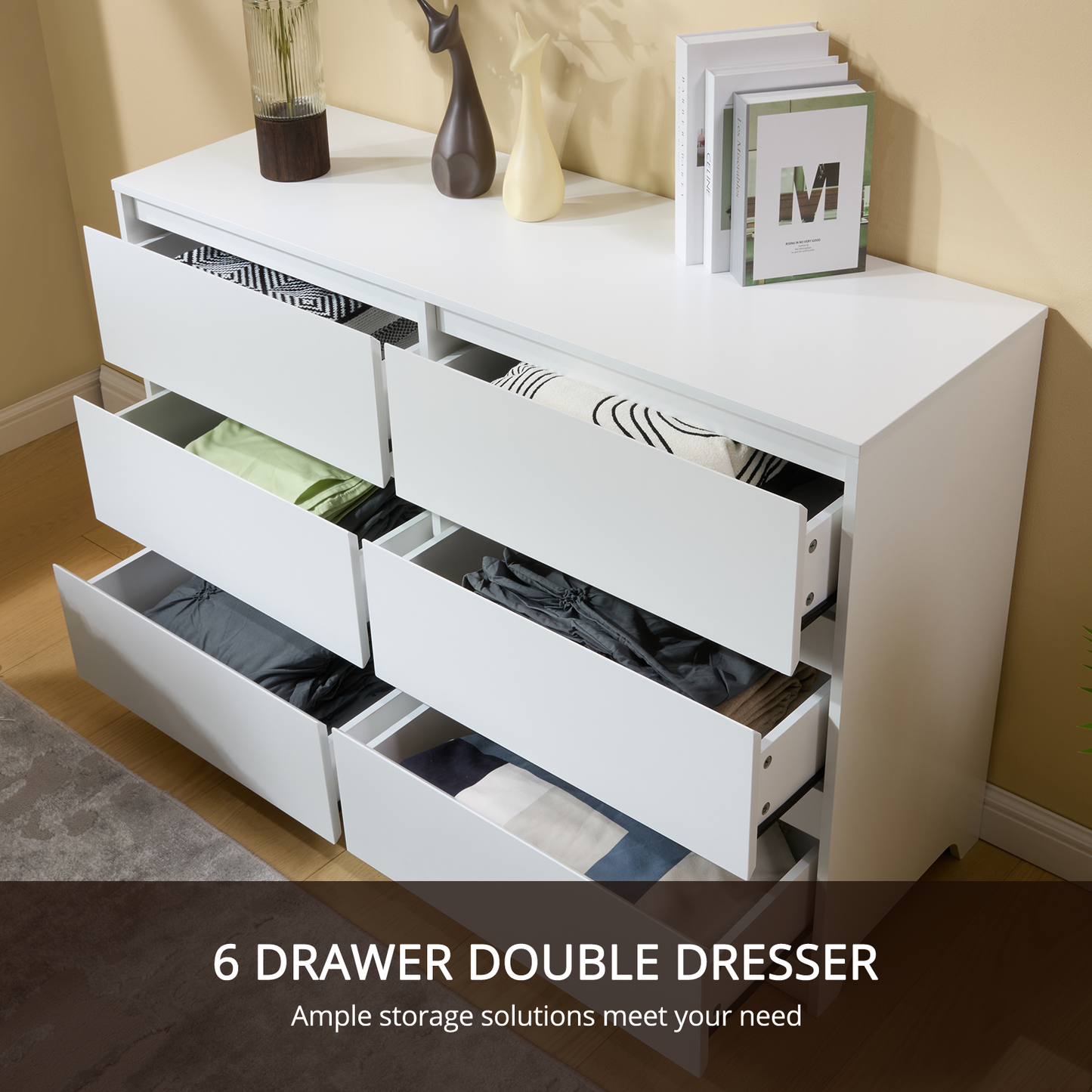 CHITOOMA White Dressers for Bedroom 6 Drawer, 47.2" Adult Wooden Dresser, Double Storage Cabine Chest of Drawers for Living Room, Hallway