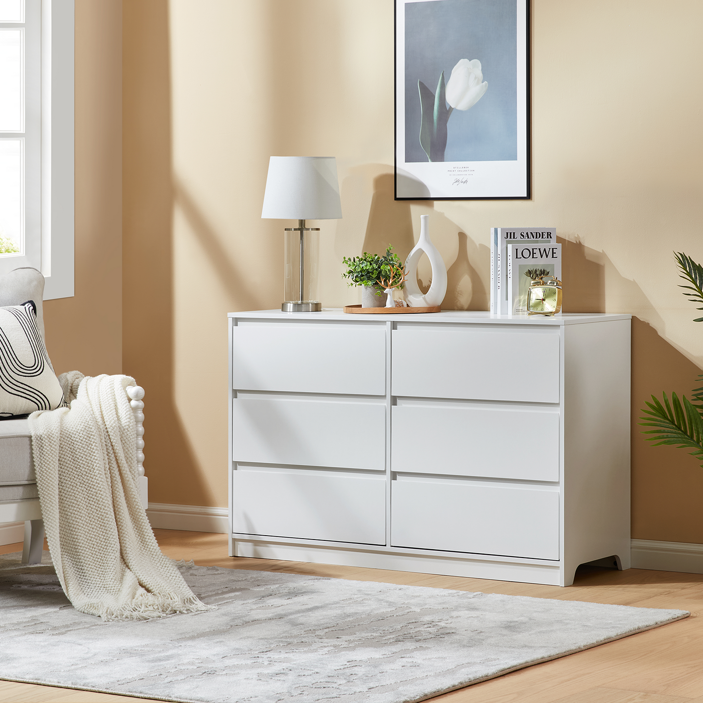 CHITOOMA White Dressers for Bedroom 6 Drawer, 47.2" Adult Wooden Dresser, Double Storage Cabine Chest of Drawers for Living Room, Hallway