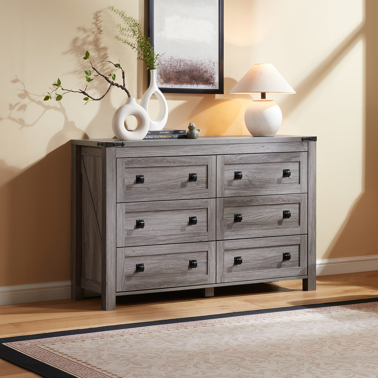 CHITOOMA Wooden Dressers for Bedroom 6 Drawer Adult, 47.2" Storage Cabine with Double Handle, Chest of Drawers for Living Room Hallway, Gray