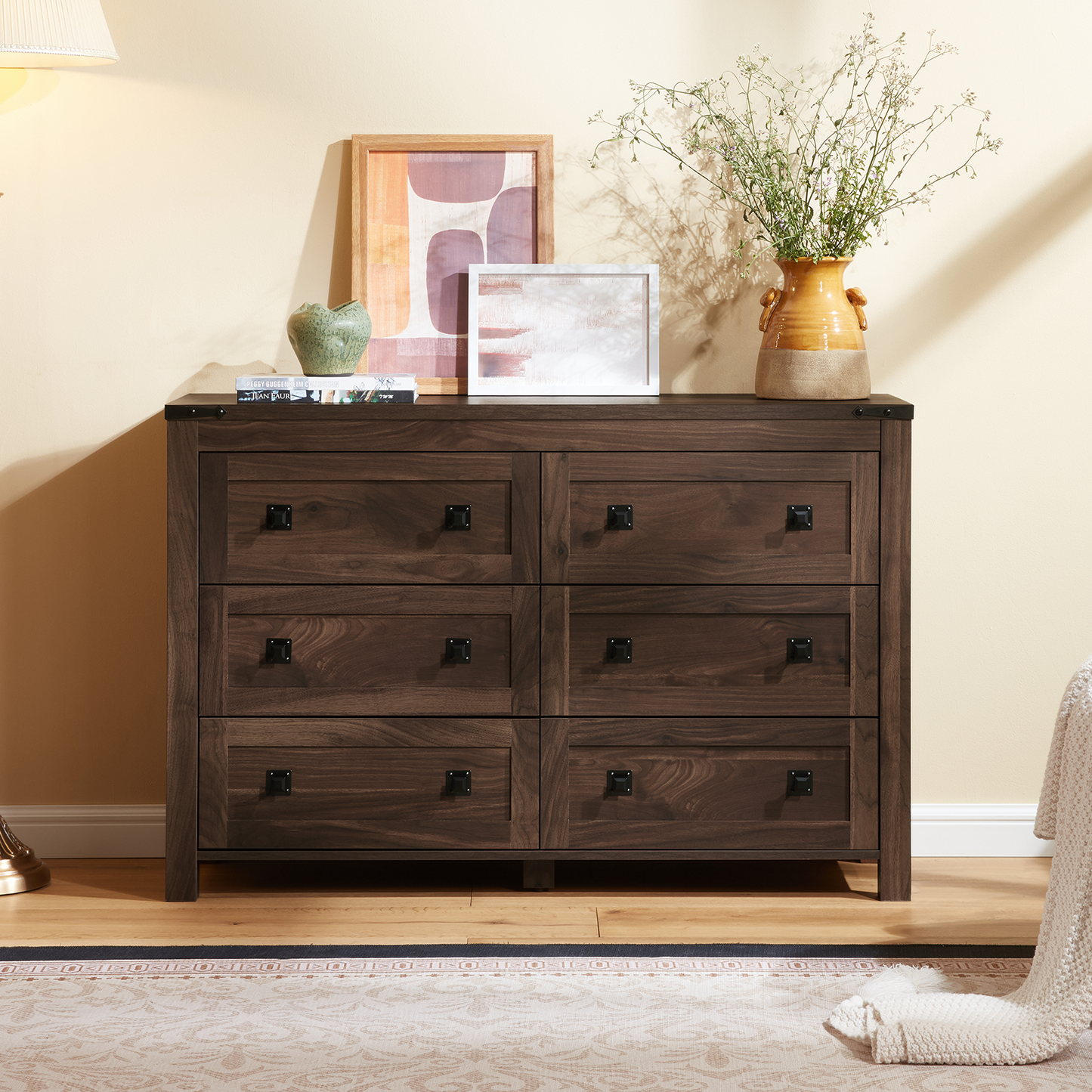 CHITOOMA Wooden Dressers for Bedroom 6 Drawer Adult, 47.2" Storage Cabine with Double Handle, Chest of Drawers for Living Room Hallway, Walnut