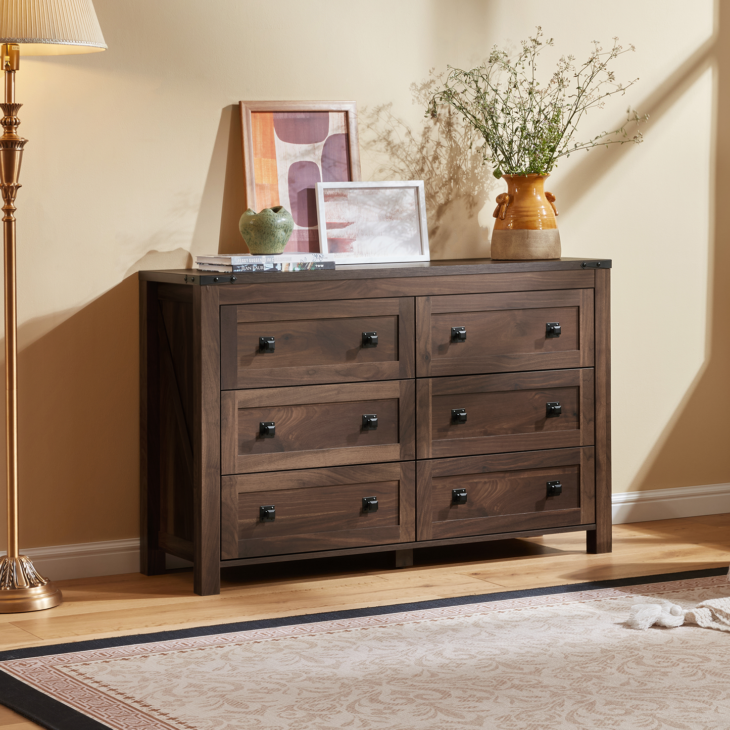 CHITOOMA Wooden Dressers for Bedroom 6 Drawer Adult, 47.2" Storage Cabine with Double Handle, Chest of Drawers for Living Room Hallway, Walnut