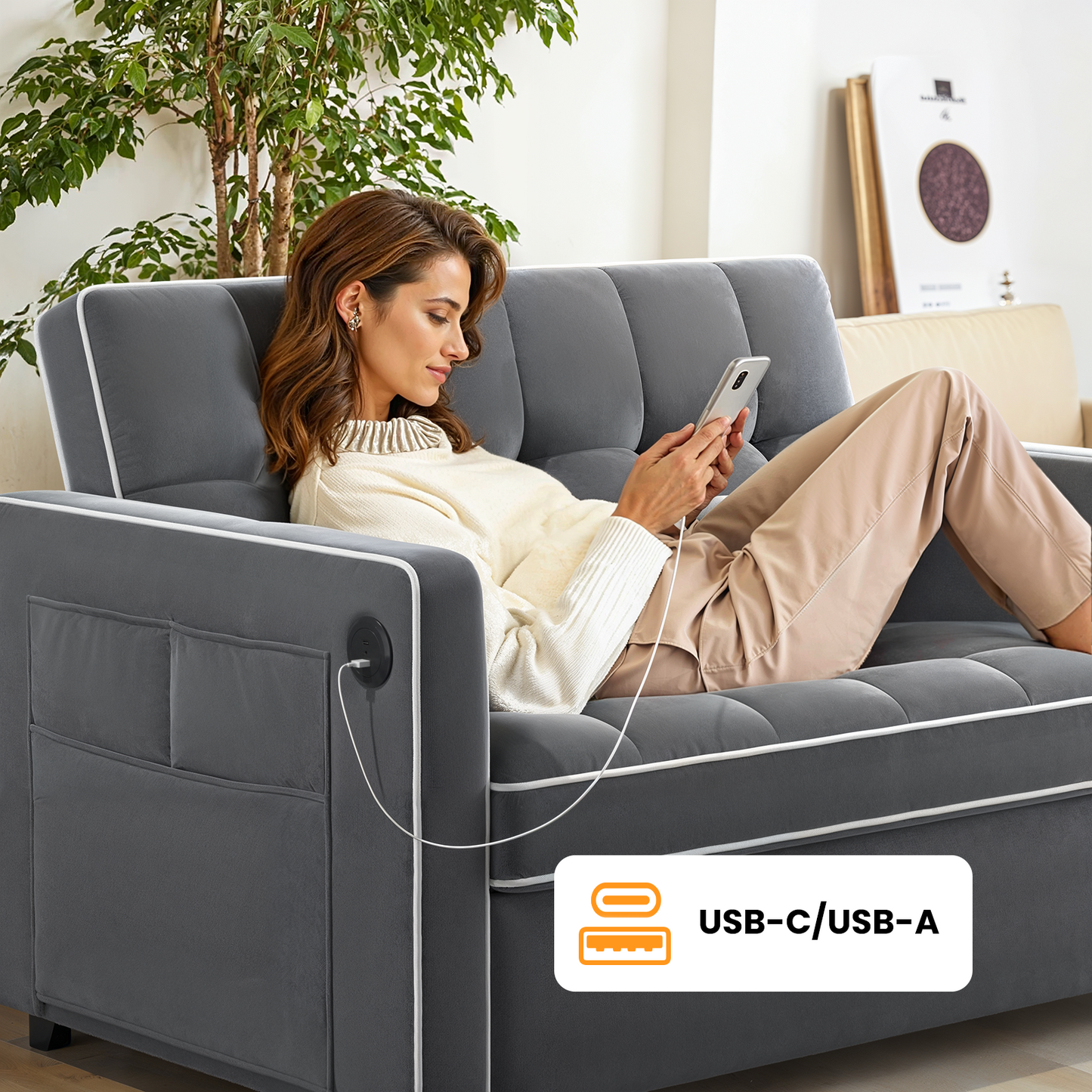CHITOOMA 3 in 1 Pull Out Sofa Bed with Adjustable Backrest, 70" Convertible Loveseat Sleeper Couch with Charging Port, Side Pockets & Cylinder Pillows for Living Room Apartment, Gray