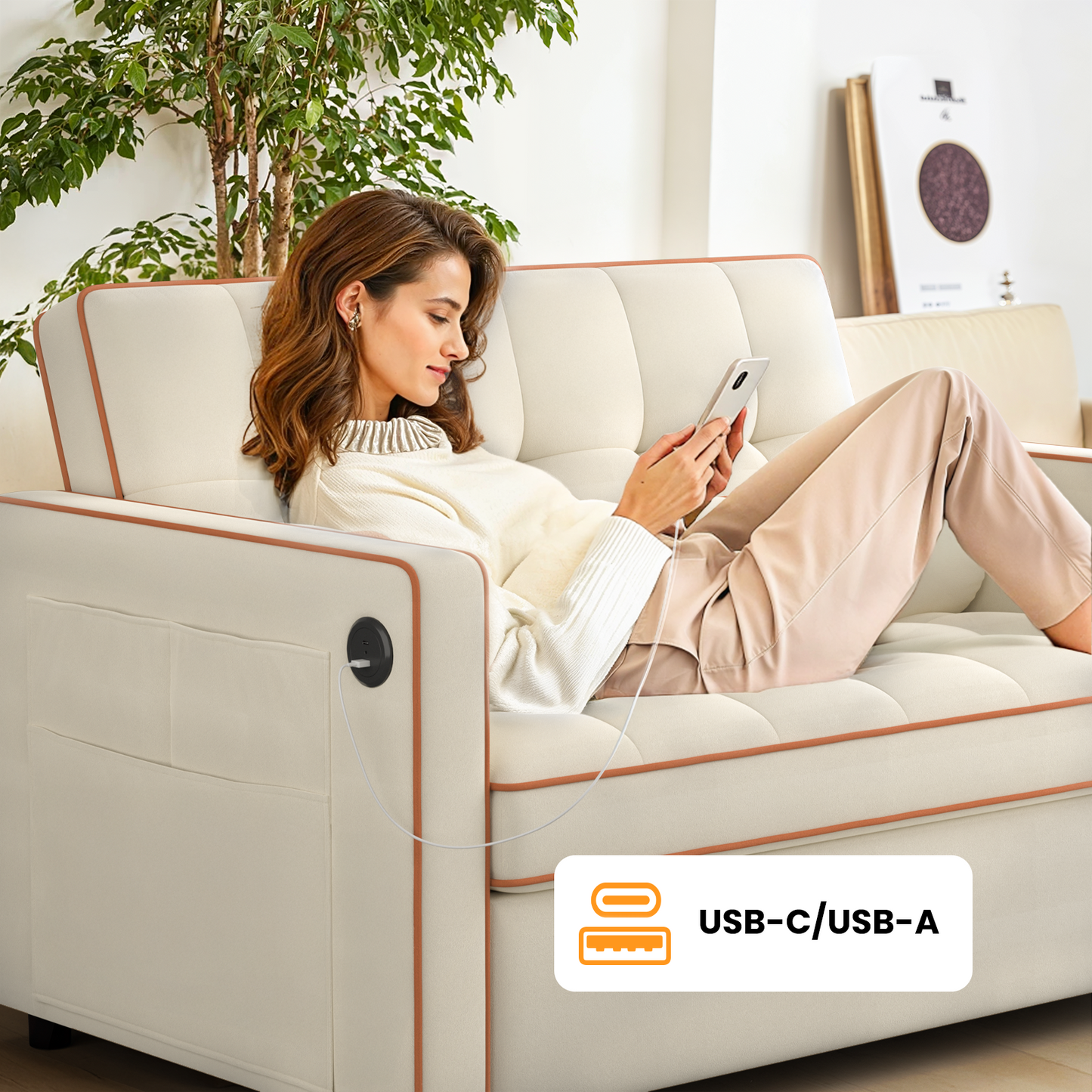 CHITOOMA 3 in 1 Pull Out Sofa Bed with Adjustable Backrest, 70" Convertible Loveseat Sleeper Couch with Charging Port, Side Pockets & Cylinder Pillows for Living Room Apartment, White