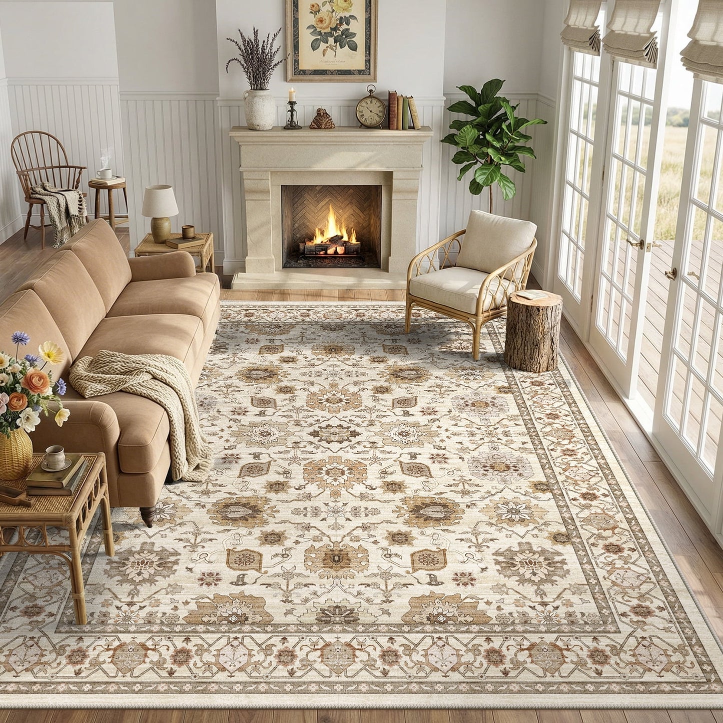 CHITOOMA 5'x7' Area Rugs for Living Room, Boho Machine Washable Stain Resistant Non-Shed Carpet, Floral Area Rug with Non-Slip Backing for Bedroom, Dining Room, Dorm, Office