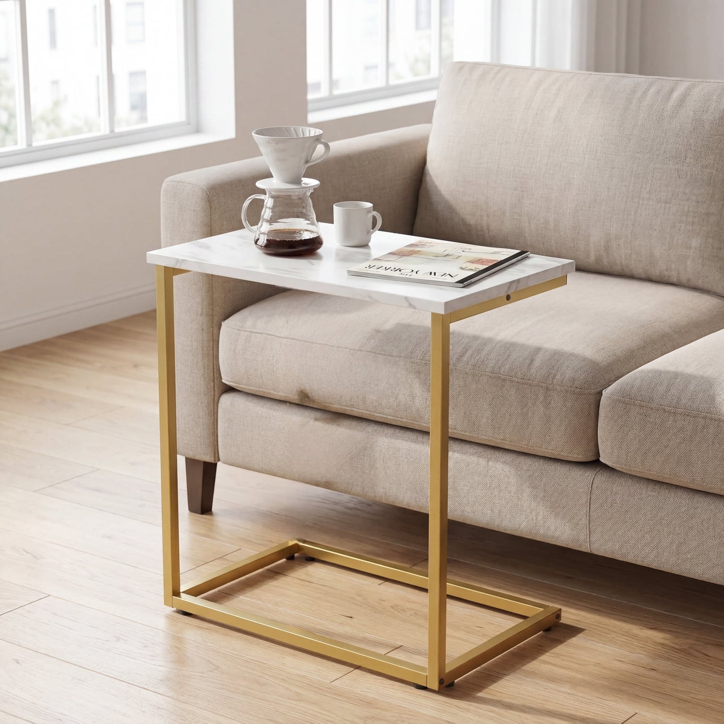 C Shaped End Table, Vintage Side Table for Couch, Laptop, Coffee, Snack, Sofa Side End Table C Shape for Living Room, 27"(H) x 19.7"(W) x 12.6"(D), Marble