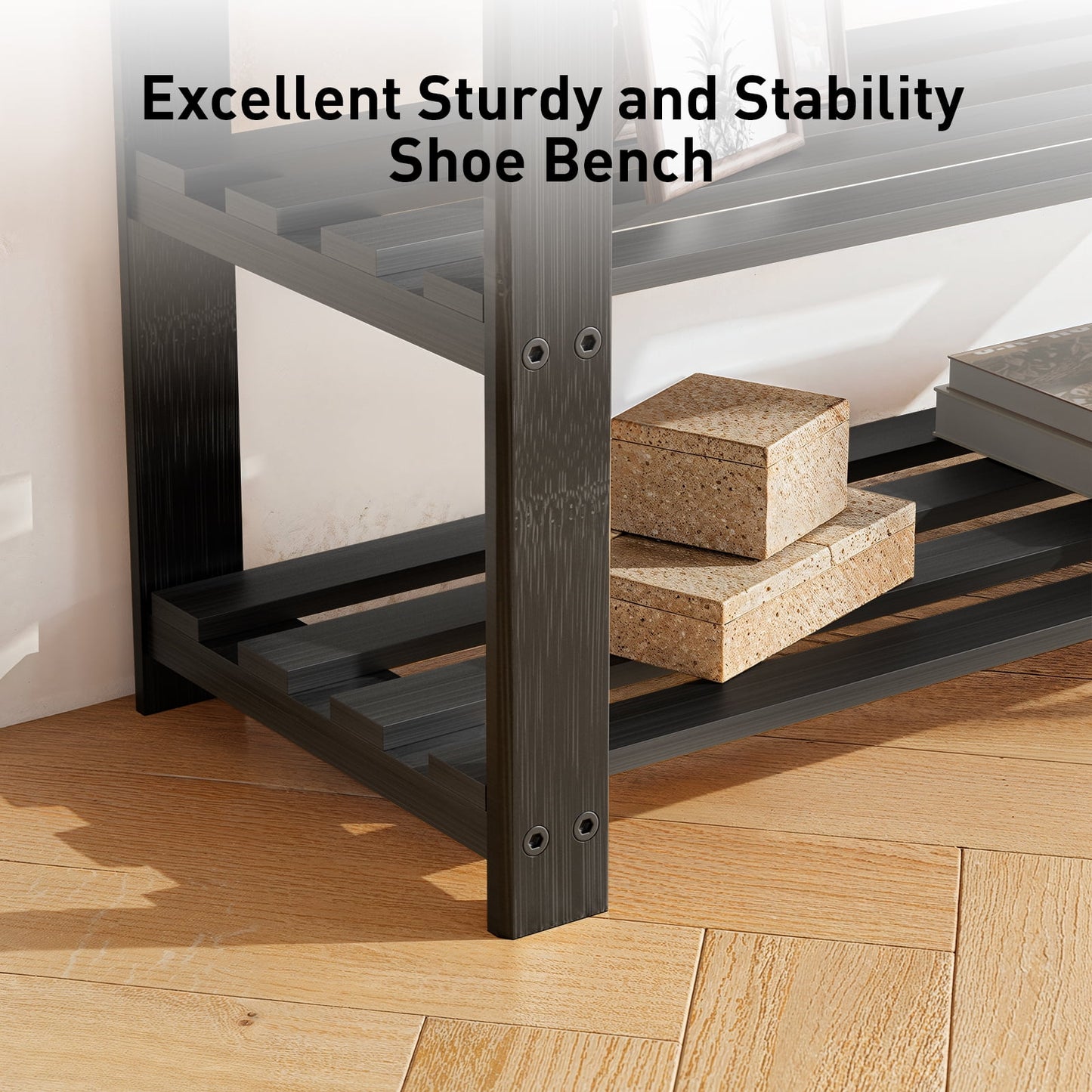 CHITOOMA 3-Tier Bamboo Shoe Storage Bench for Entryway, Wood Hallway Shoe Rack Shoe Organizer Shelf for Living Room Bedroom, 11"D x 27.5"W x 17.5"H, Black