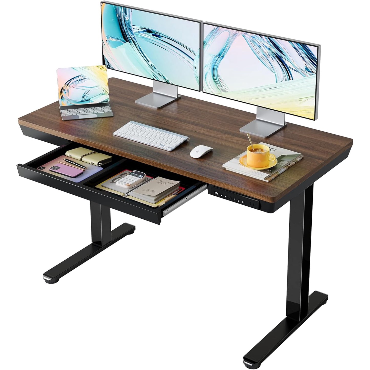CHITOOMA Glass Top 48" x 24" Electric Standing Desk, Height Adjustable Sit Stand Desk for Home Office, Walnut