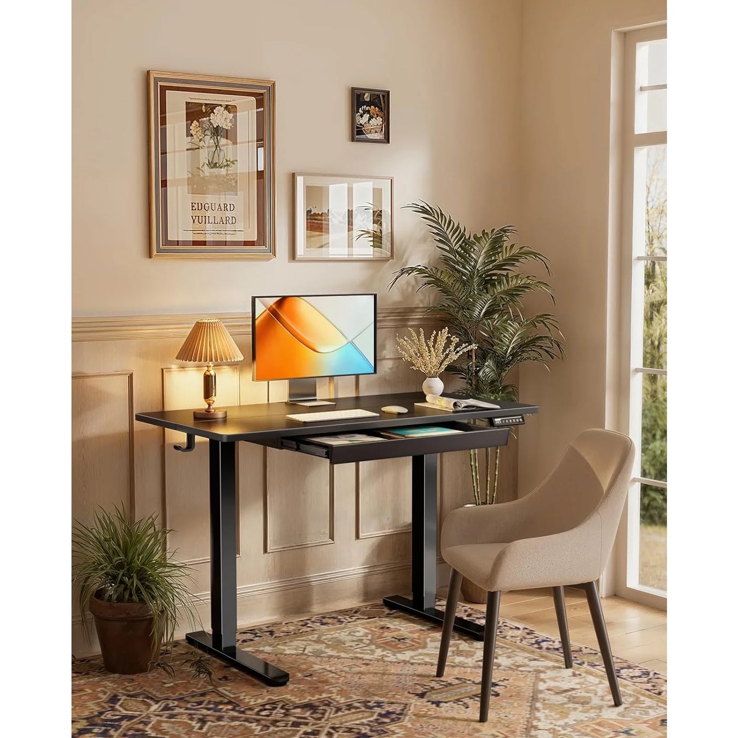 CHITOOMA Electric Standing Desk with Built-in Drawer, 48" x 24" Adjustable Height Computer Desk, 4 Memory Presets for Home Office, Black
