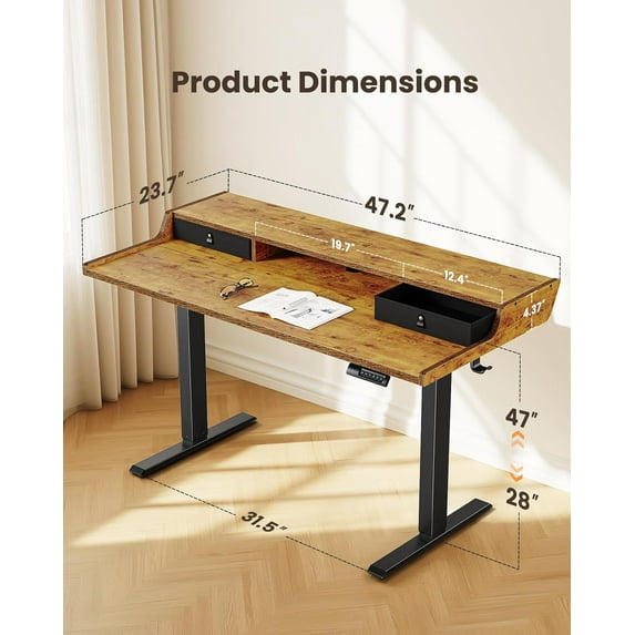 CHITOOMA Electric Standing Desk with Drawers, 48″ x 24″ Height Adjustable Stand up Desk with Storage Shelf, Gaming Desk Compatible Monitor Stand, 4 Preset Heights for Home Office, Brown
