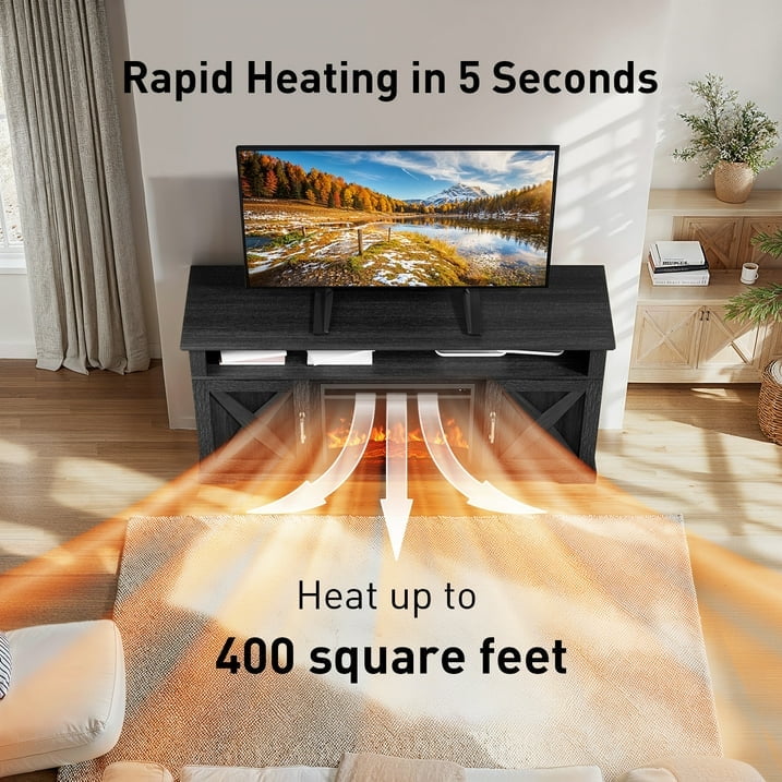 Fireplace TV Stand with Fireplace for 75 inch TV Farmhouse Entertainment Center with Storage, Black