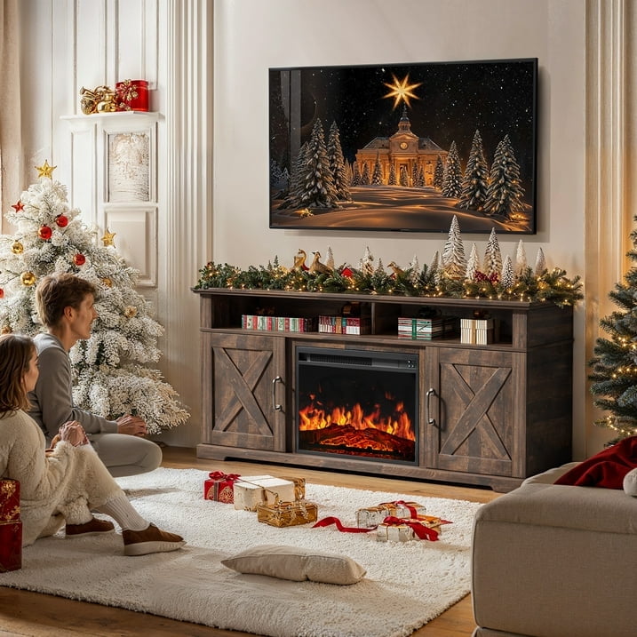 Electric Fireplace TV Stand for TVs up to 75", Farmhouse Entertainment Center with Fireplace, Vintage Brown