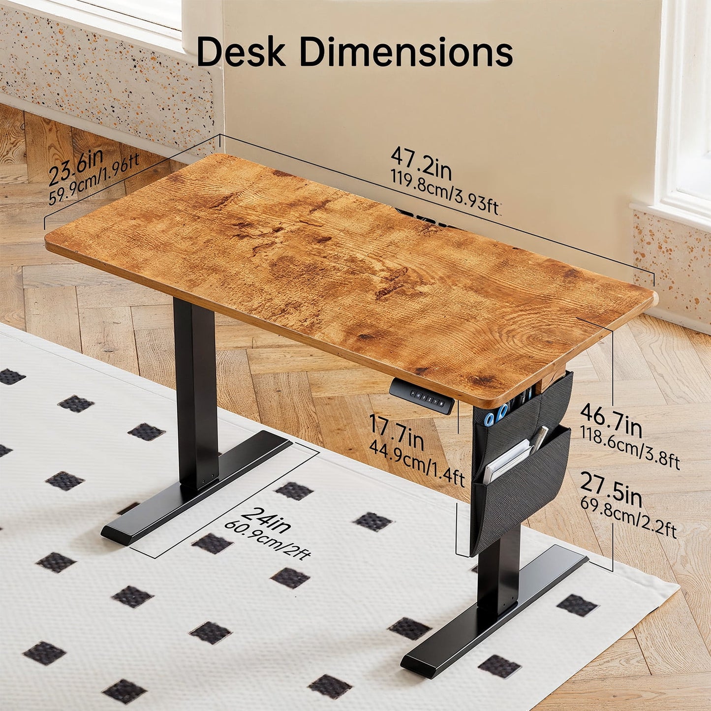 CHITOOMA Electric Standing Desk with Storage Bag, 48" x 24" Adjustable Height Sit to Stand Desk with 4 Memory Pre-Set, Headphone Hook for Home Office, Rustic Brown