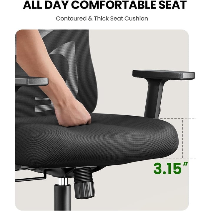 BESTERGO Ergonomic Office Chair with Adjustable Lumbar Support, 2D Headrest, Height-Adjustable Armrests, Reclining Backrest, Thick Seat Cushion, Rolling Desk Chair for Home Office