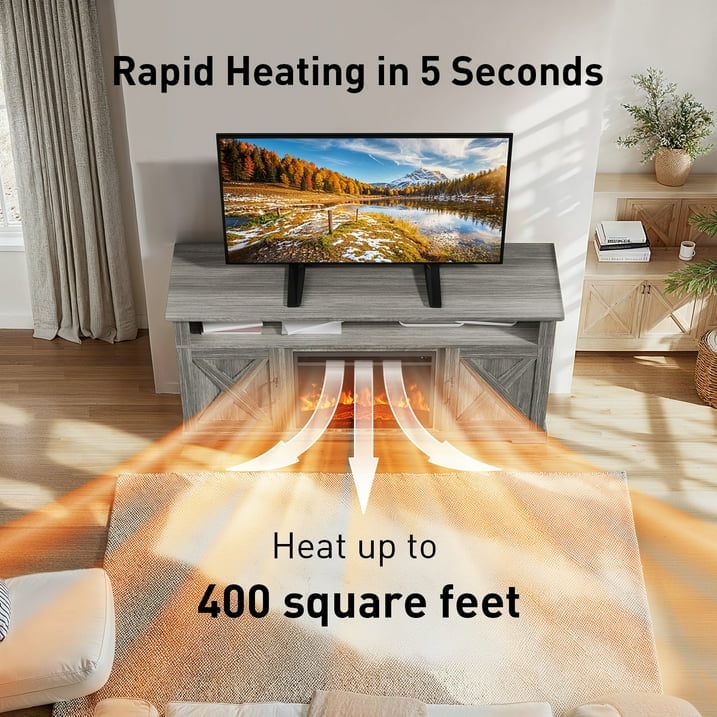 Electric Fireplace TV Stand for TVs up to 75", Farmhouse Entertainment Center with Fireplace, Grey