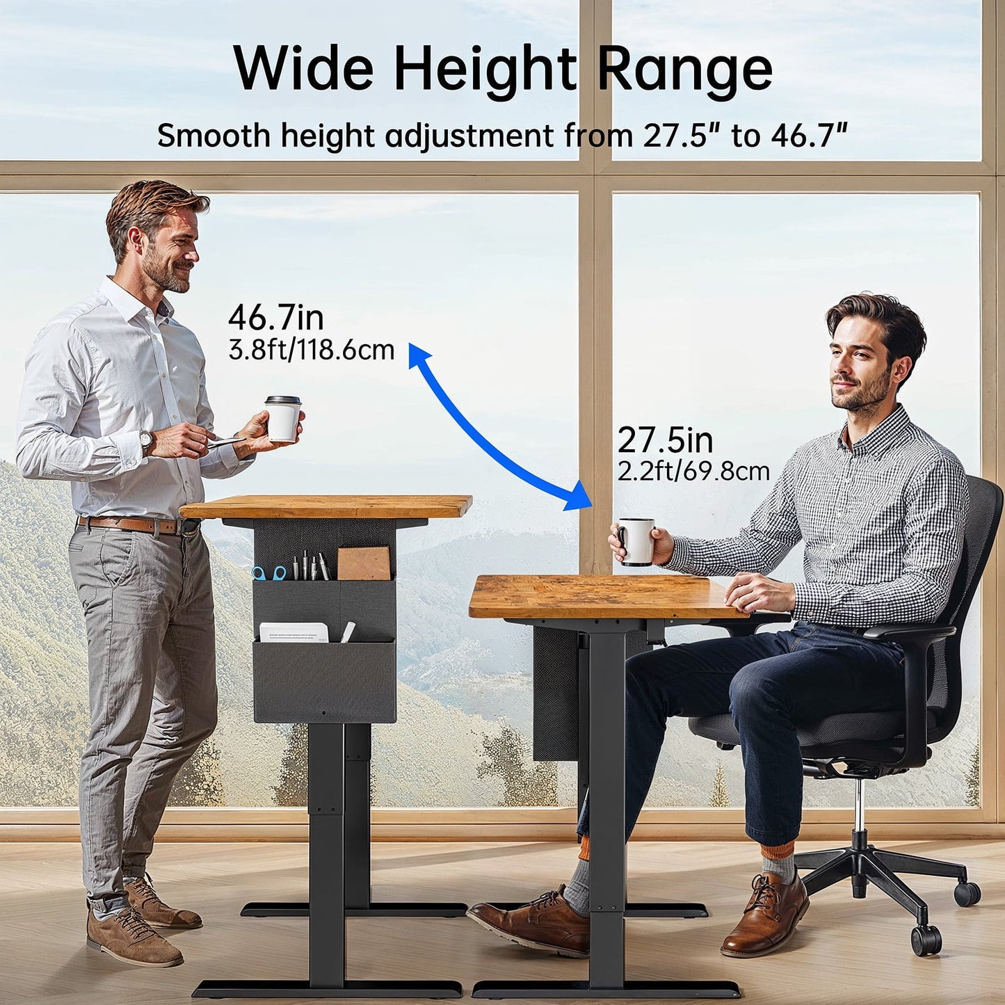 CHITOOMA Electric Standing Desk with Storage Bag, 48" x 24" Adjustable Height Sit to Stand Desk with 4 Memory Pre-Set, Headphone Hook for Home Office, Rustic Brown