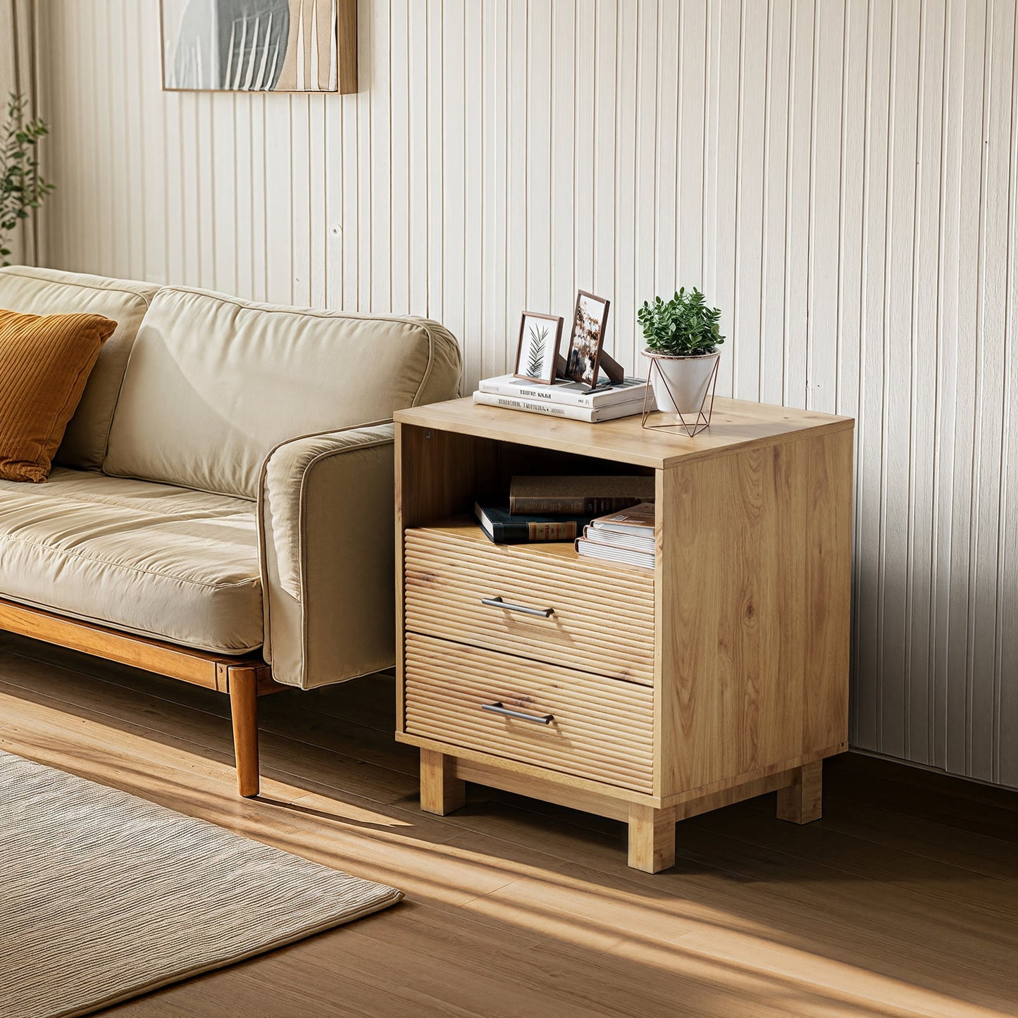 CHITOOMA 2-Drawer Nightstand with Open Shelf, Wood Fluted Bedside Table with Storage, Small End Table for Bedroom Living Room, Natural