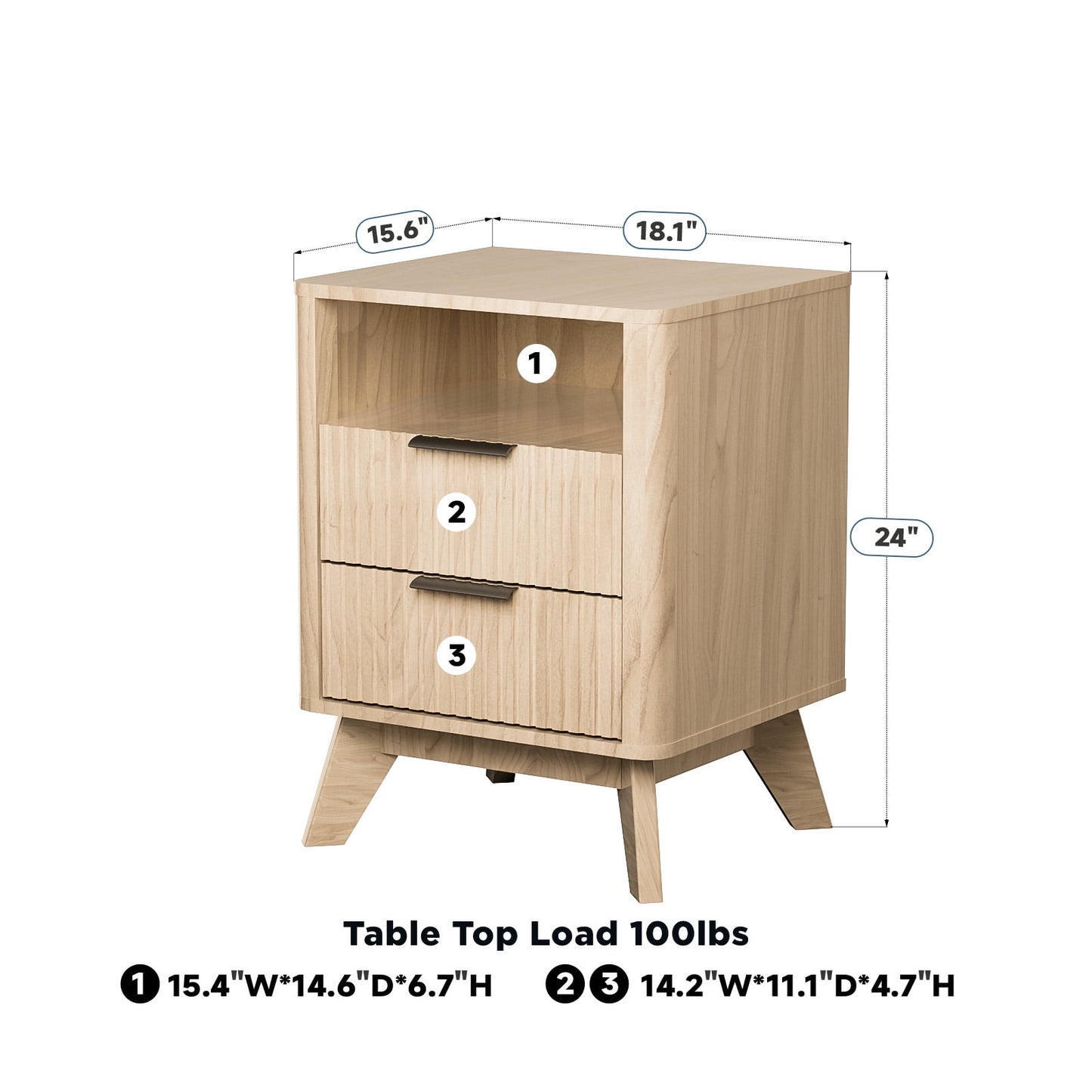 CHITOOMA 2-Drawer Nightstand with Open Shelf, Wood Fluted Bedside Table with Storage, Small End Table for Bedroom Living Room, Natural