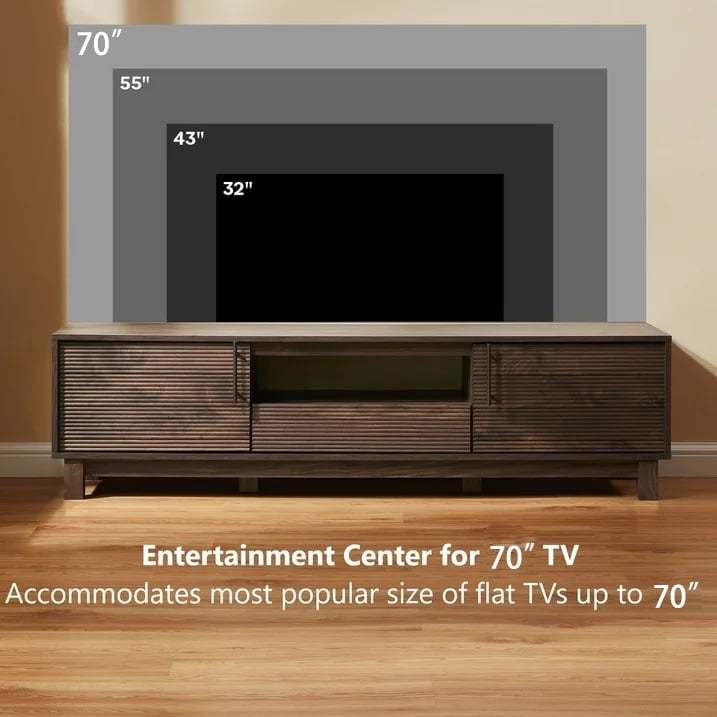 Mid-Century Modern Low Profile TV Stand for 70" TVs, Wood TV Media Console with 2 Fluted Door for Living Room, Walnut