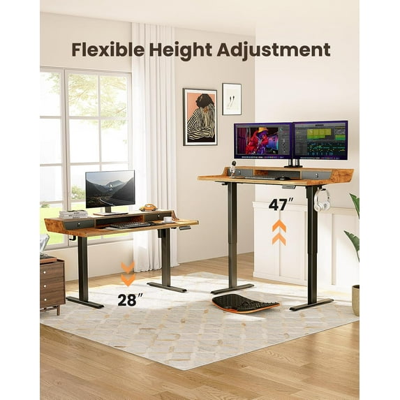 CHITOOMA Electric Standing Desk with Drawers, 48″ x 24″ Height Adjustable Stand up Desk with Storage Shelf, Gaming Desk Compatible Monitor Stand, 4 Preset Heights for Home Office, Brown