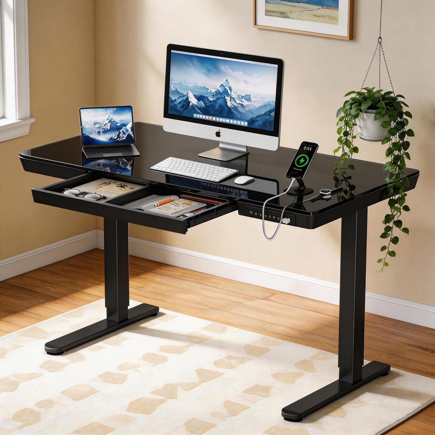 CHITOOMA Glass Top Electric Standing Desk with Drawer, 55'' x 28'' Electric Height Adjustable Desk with USB Charging Ports, Sit Stand up for Home Office
