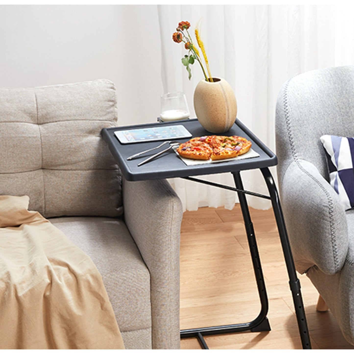 PERLESMITH Adjustable Height TV Tray, Folding Table Trays with Cup Holder, 6 Height & 3 Tilt Angle for Couch, Sofa and Bed, Black