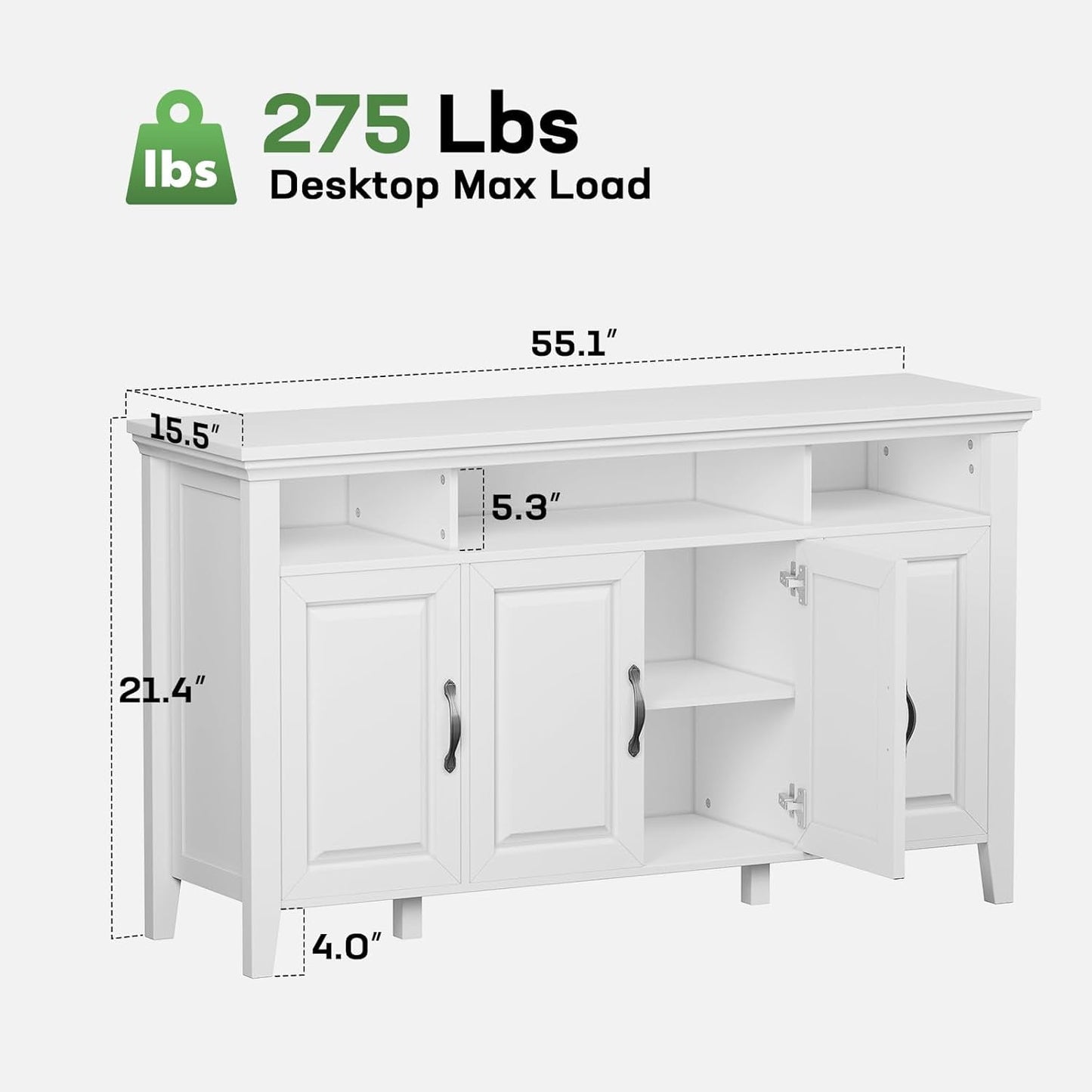 CHITOOMA 55" Sideboard Buffet Cabinet with Adjustable Shelves & 4 Doors, Modern Farmhouse Coffee Bar Cabinet for Kitchen Dinning Room, White