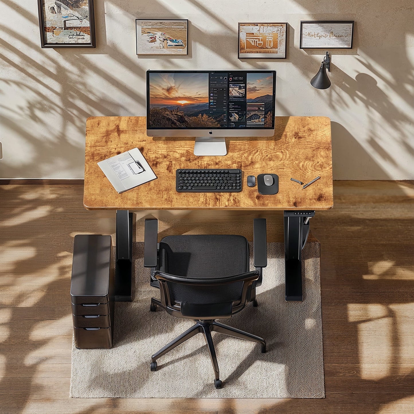 CHITOOMA Electric Standing Desk with Storage Bag, 48" x 24" Adjustable Height Sit to Stand Desk with 4 Memory Pre-Set, Headphone Hook for Home Office, Rustic Brown