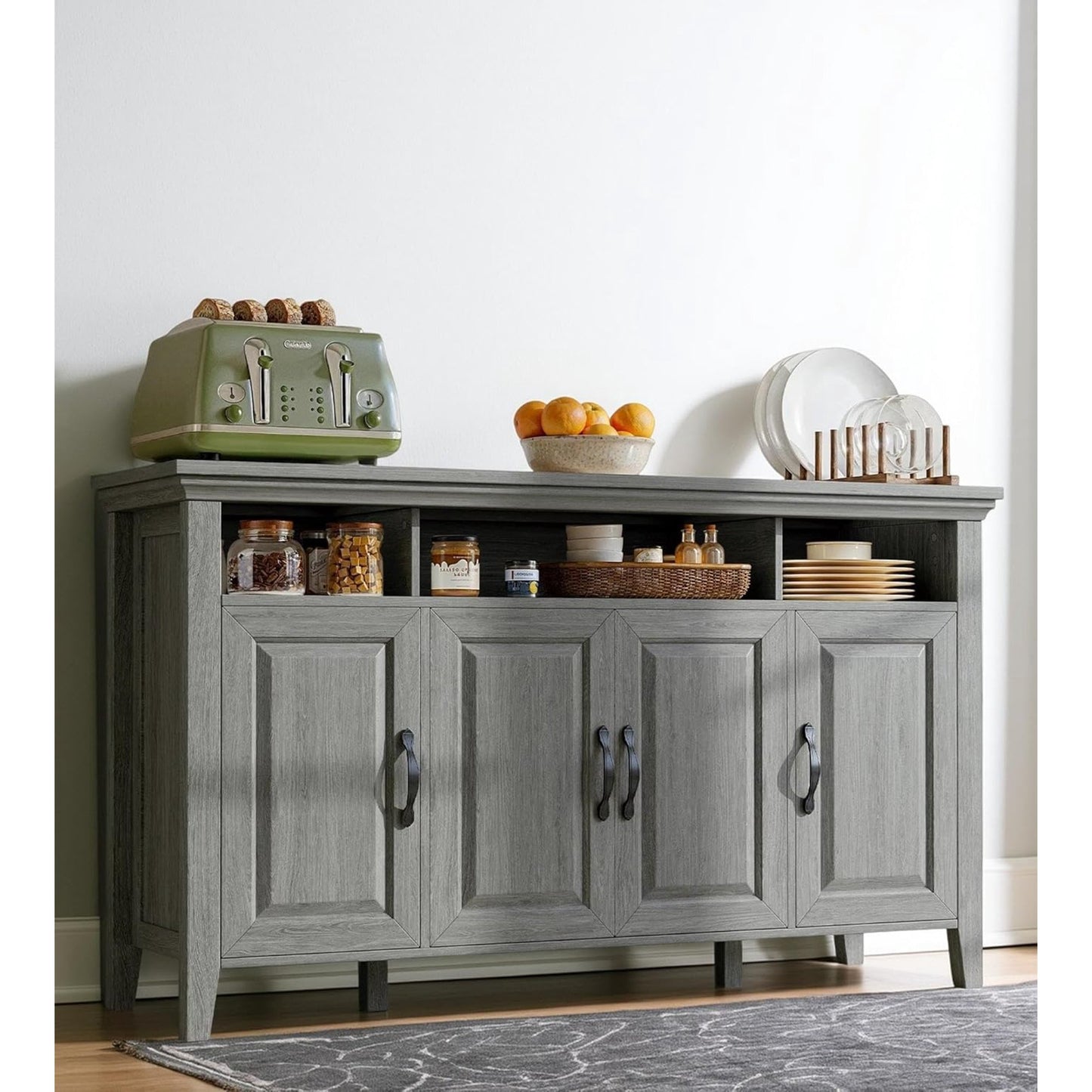 CHITOOMA 55" Sideboard Buffet Cabinet with Adjustable Shelves & 4 Doors, Modern Farmhouse Coffee Bar Cabinet for Kitchen Dinning Room, Gray