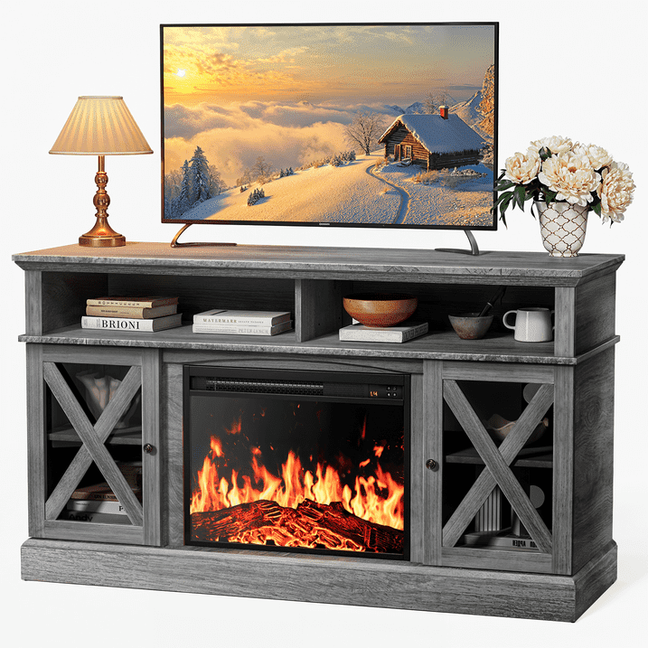 Electric Fireplace TV Stand for 75 inch TVs Farmhouse TV Console with 23″ Fireplace, Gray