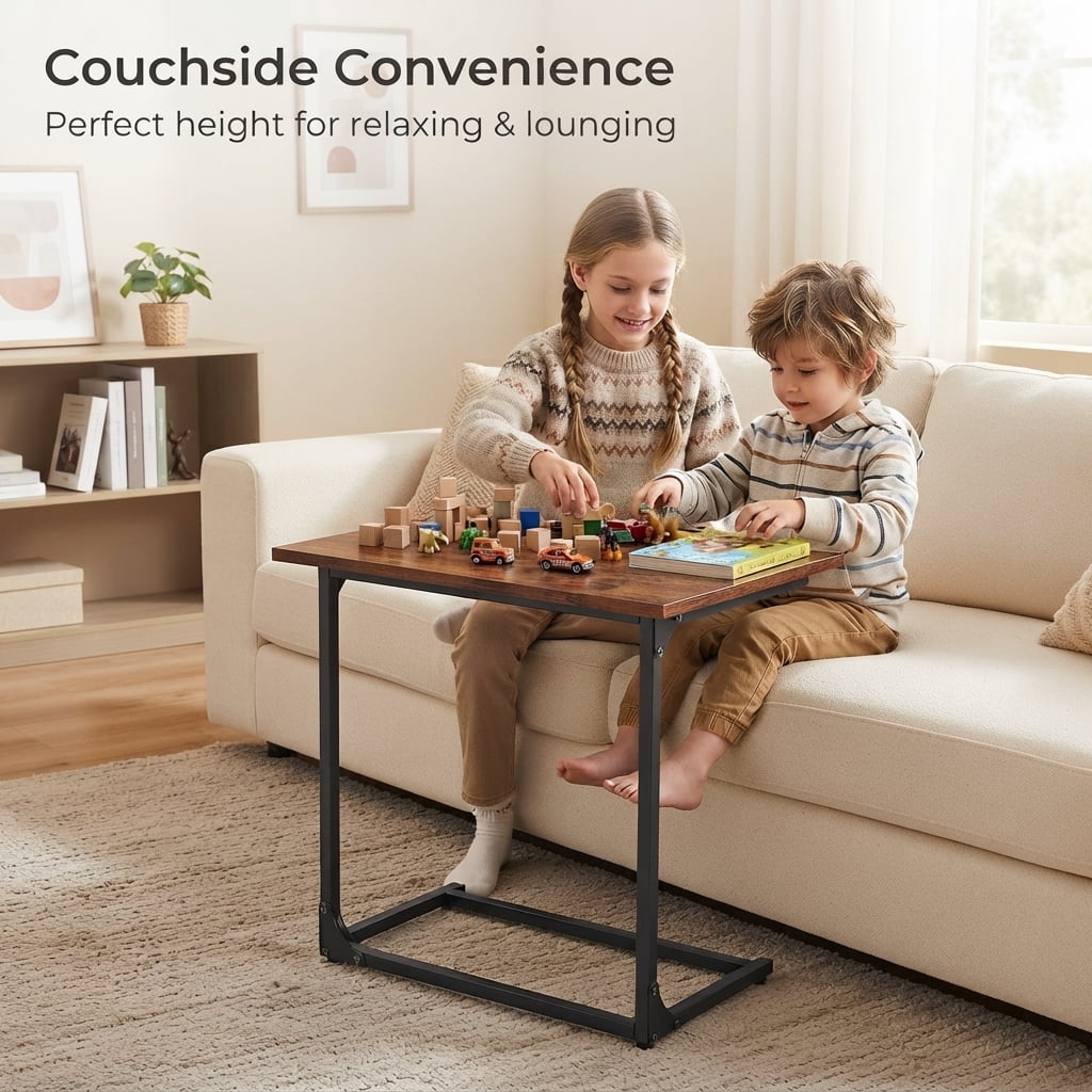 C Shaped End Sofa Table, TV Tray Couch Side Table for Living Room, Bedroom, With widened tabletop,27"(H) x 21.1"(W) x 11.4"(D), Brown