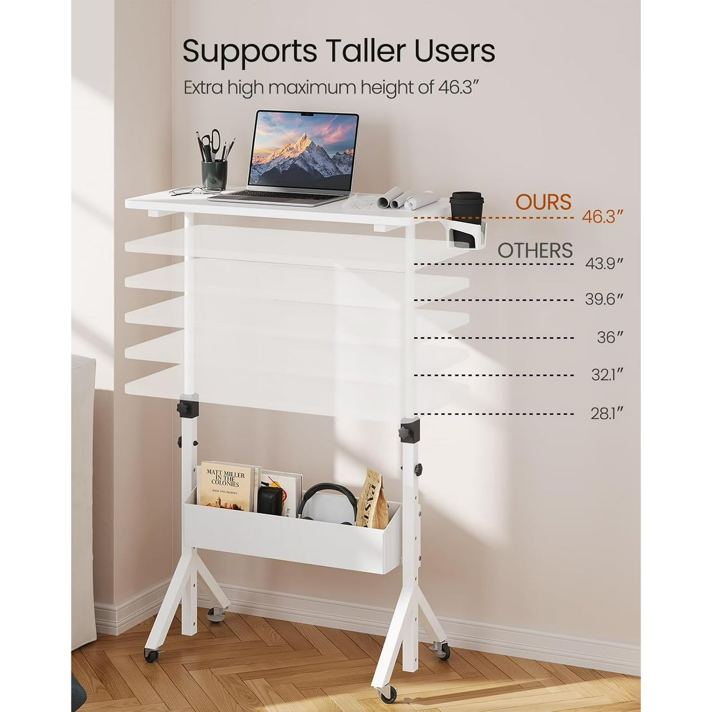 CHITOOMA Mobile Standing Desk with Wheels, Adjustable Height 28.3″ to 46.3″, Rolling Laptop Cart with Cup Holder, Storage Basket, Computer & Pen Slot, Home Office Stand Up Desk, White