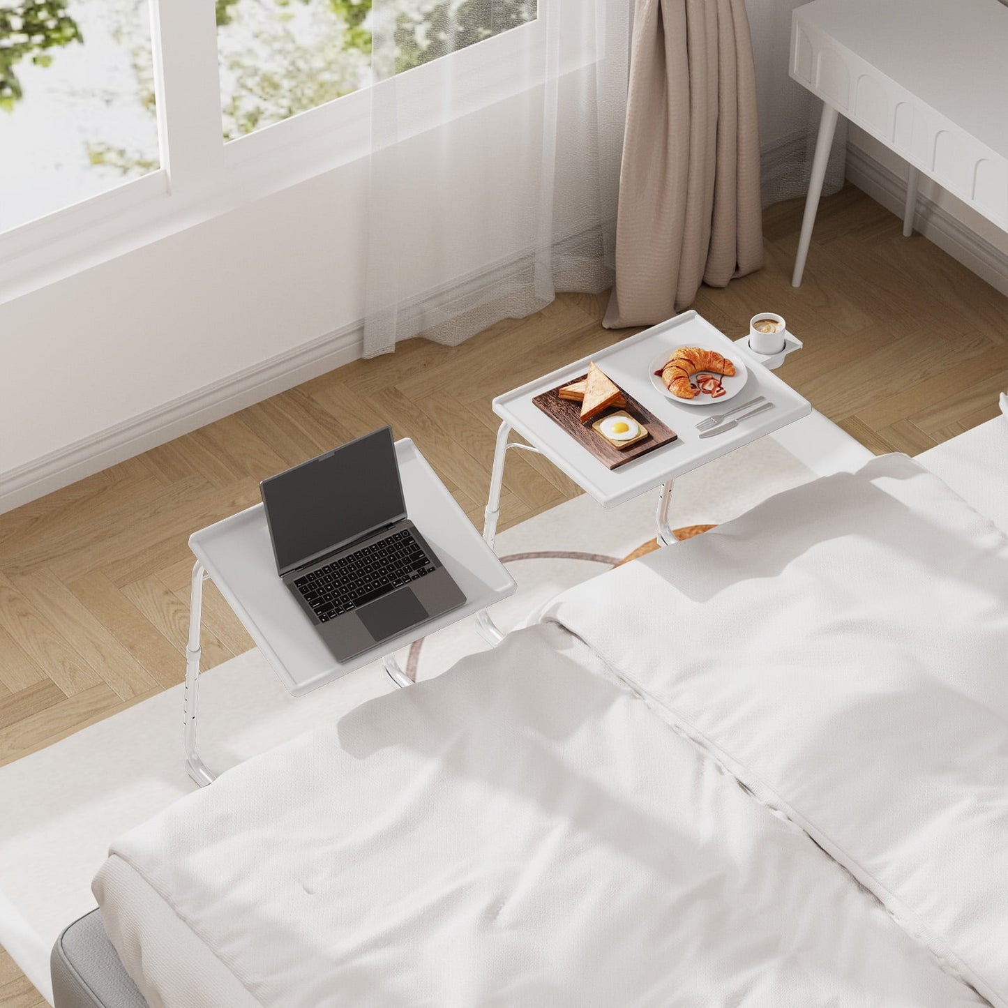CHITOOMA TV Tray with Cup Holders, Portable C-Shaped Side Dinner Tray Table, Adjustable 6 Heights & 3 Tilt Angle for Living Room, Bedroom, White