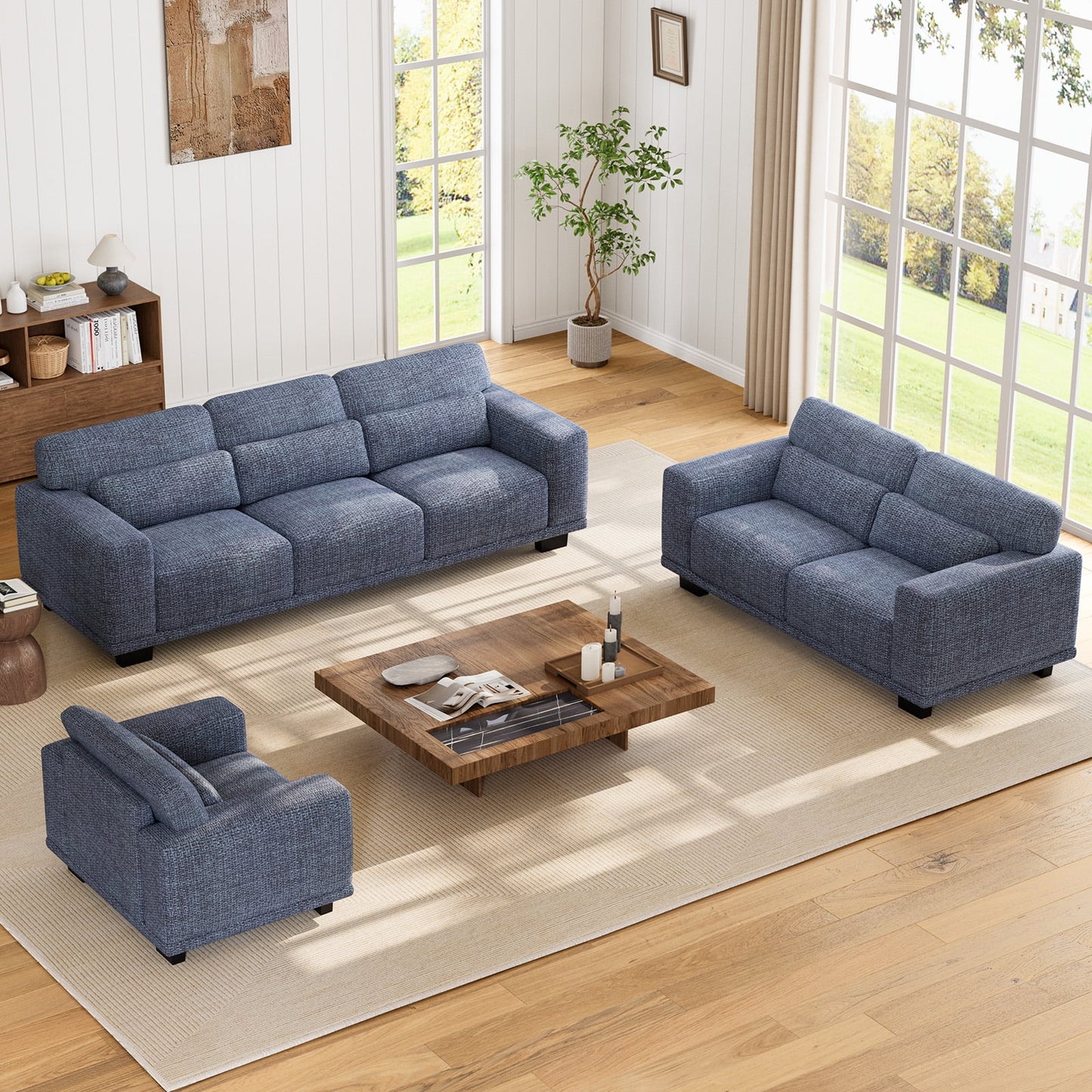 CHITOOMA 40" Oversized Accent Chair, Linen Upholstered Armchair with Washable Covers & Pillow, Wide Armrests, Deep Seat Sofa Chair for Living Room, Bedroom, or Office, Blue