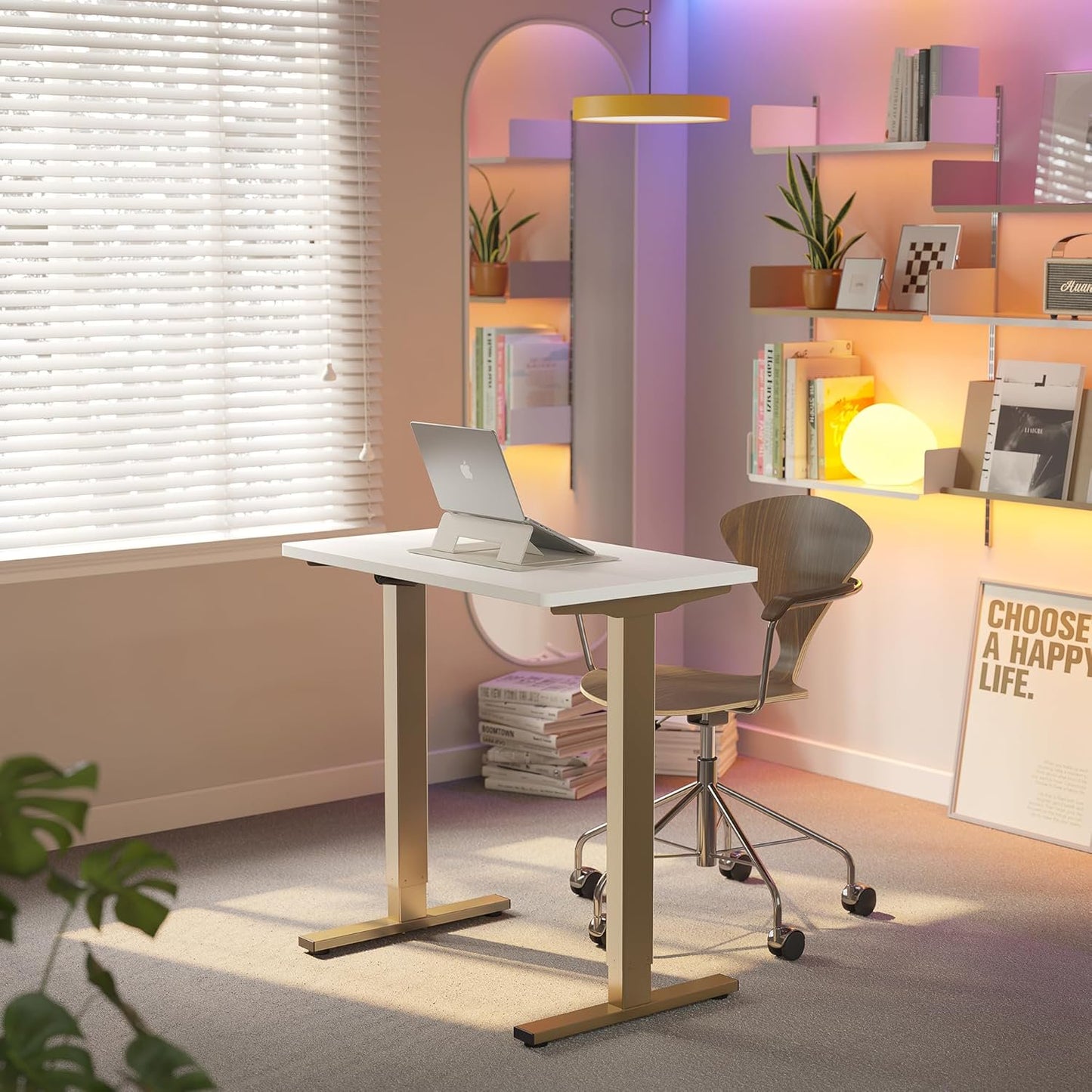 Kyspho Electric Standing Desk with 4 Memory Height Settings, 32" Small Height Adjustbale Desk, Sit Stand Up Desk for Home Office, White + Gold