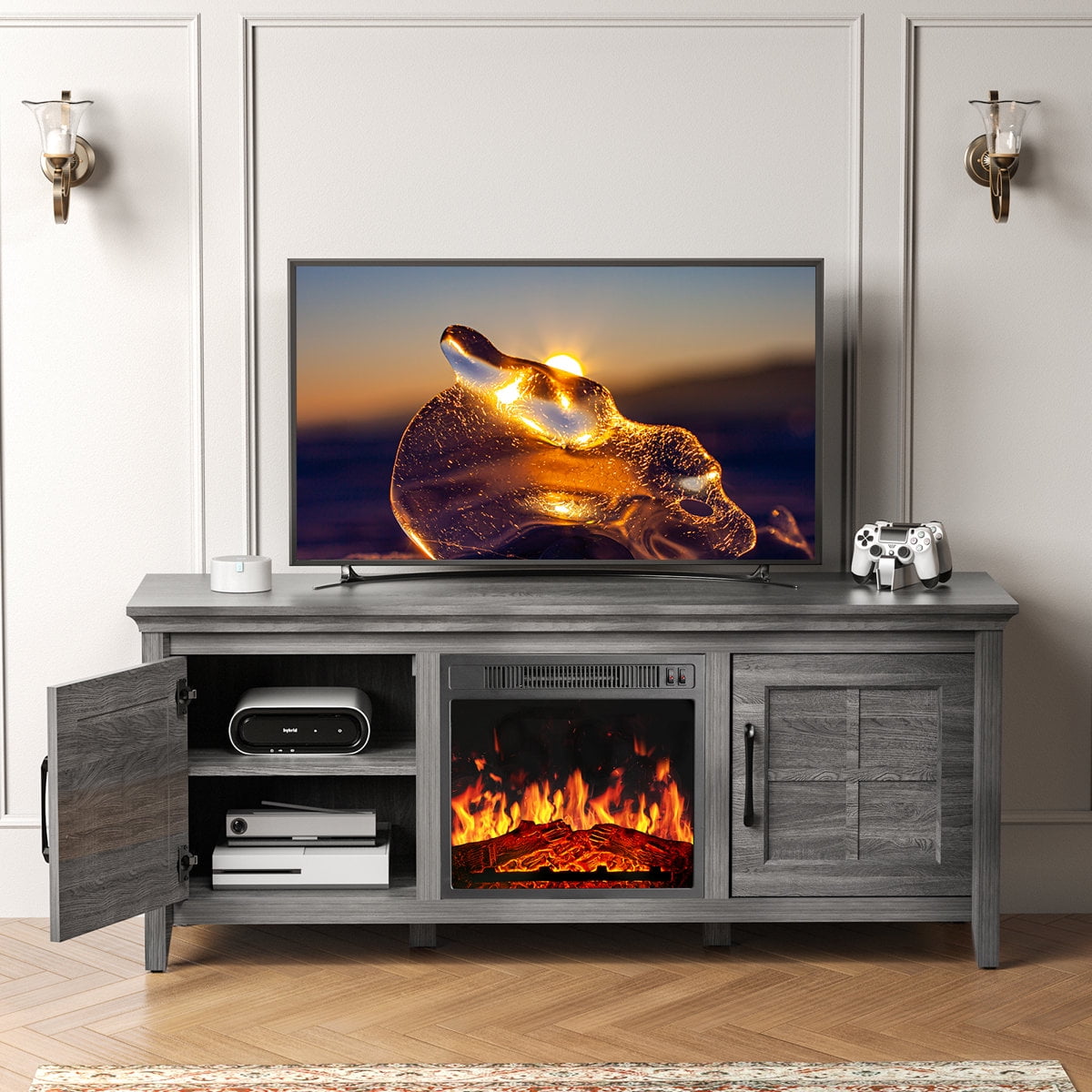 CHITOOMA Fireplace TV Stand with 2 Barn Doors and Storage Cabinets for TV up to 75 inch, Entertainment Center Console Table, Media Furniture for Living Room, Gray Wash