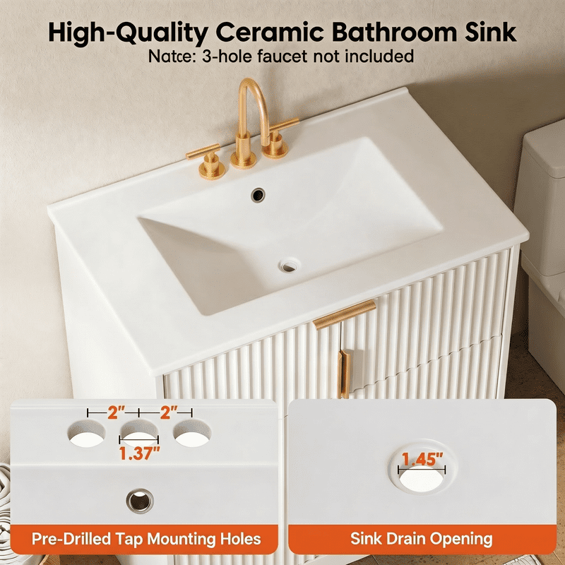 30 Inch Bathroom Vanity with Ceramic Sink, Freestanding Bathroom Sink Cabinet with Fluted Doors, 2 Doors and 1 Drawer, Adjustable Shelf, Modern Bathroom Storage Combo, White