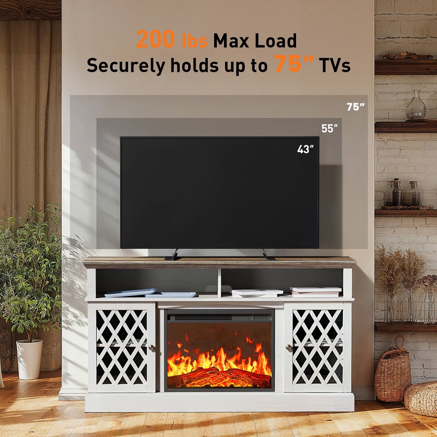 Farmhouse Fireplace TV Stand for 75 inch with LED Light, Adjustable Storage Shelves, Glass Doors, Media Entertainment Center with Fireplace for Living Room, Bedroom, White