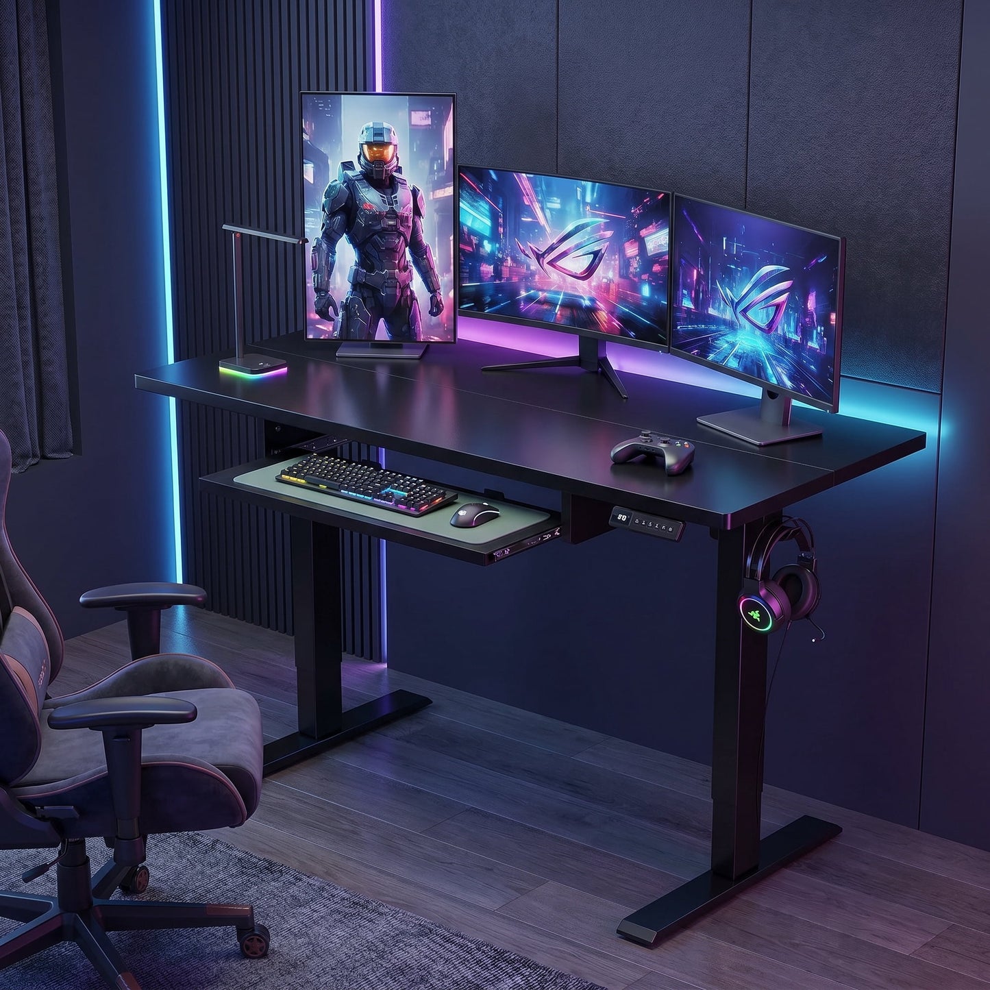 CHITOOMA Electric Standing Desk with Keyboard Tray, 48" x 24" Height Adjustable Sit Stand up Desk with Headphone Hook & 4 Height Memory Pre-Set for Home Office, Black