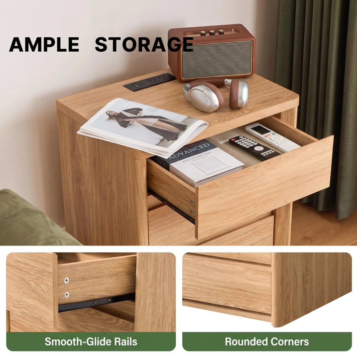 CHITOOMA 24.8" Nightstand with Charging Station, Natural